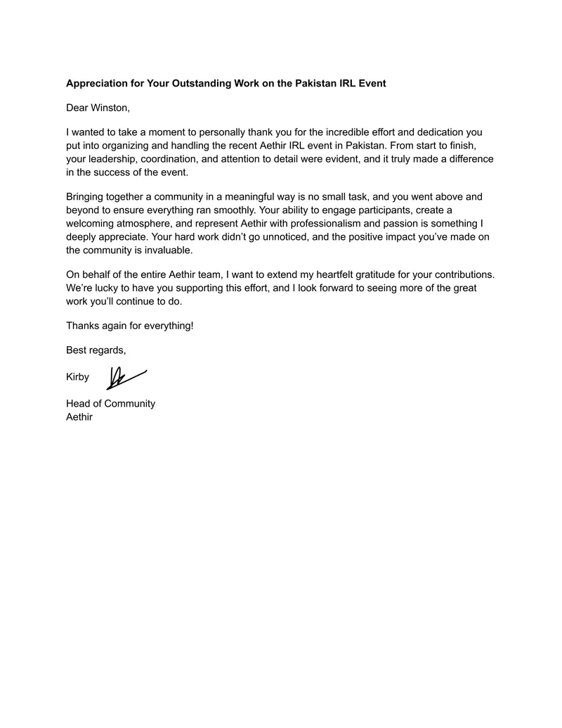 Official appreciation letter from Aethir