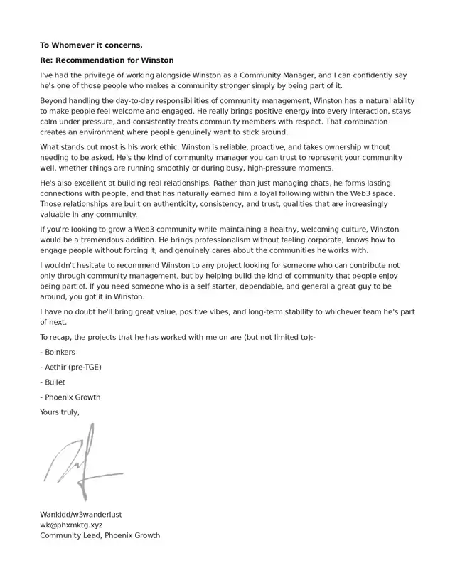 Typed recommendation letter with a handwritten signature