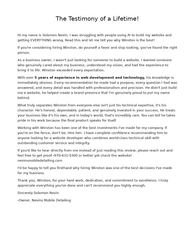 Typed one-page client testimonial letter, signed